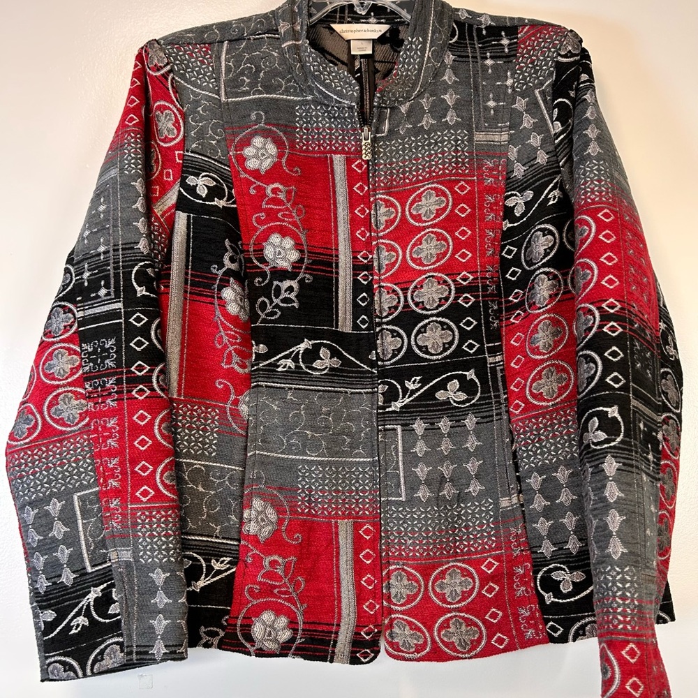 90s Christopher & Banks Tapestry‎ Jacket Red & Black Floral Design Women’s Large